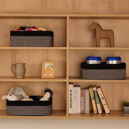 Large Shallow Organizing Baskets 15x11x5.1 Inches - Rope Woven Storage Bins for Bathroom, Shelves, Cube Closet, Black Woven Brown 2 Packs