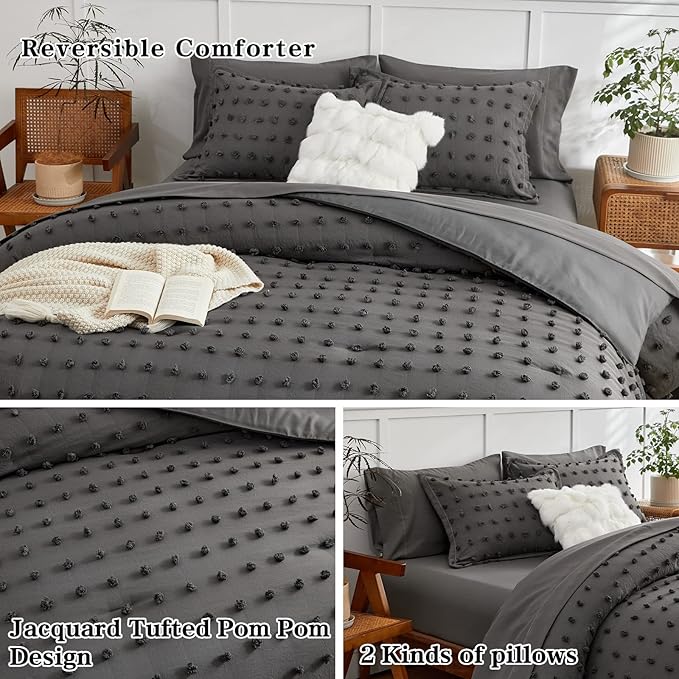 7 Pieces Tufted Dots Bed in a Bag King Comforter Set with Sheets Grey , Soft and Embroidery Shabby Chic Boho Comforters, Solid Color with Pom Pom Design, Jacquard Tufts Bedding Set for All Season