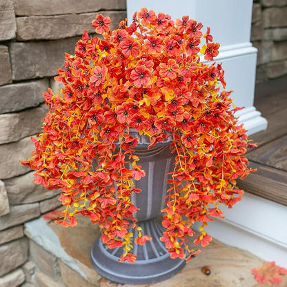INSPRING Fall Artificial Flowers for Outdoors Fake Silk Flower, 2Pcs Red Orange Daisy Autumn Decor, Realistic Hanging Decoration Plants, UV & Fading Resistant for Porch Patio Balcony Planter