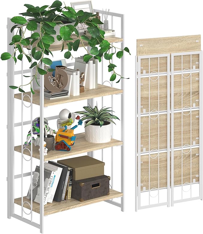 4NM No-Assembly 4 Tiers Folding Bookshelf Storage Shelves Vintage Bookcase Standing Racks Study Organizer Home Office - Natural and White