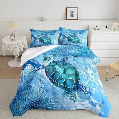 CVHOUSE Sea Turtle Bedding Set,Sea Turtle Comforter King,Ocean Bohemia Comforter Set for Boys Kids Girls,Ocean Quilt Set with 1 Comforter and 2 Pillow Cases