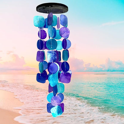 Bellaa 20414 Wind Chimes Outdoor, Garden Decorations, Musical, Indoor/Outside Windchimes, Beach, Ocean Breeze, Gifts for Mom, Gift for All Occasions, Capiz Sea Glass Shells Wood Purple 27 inch