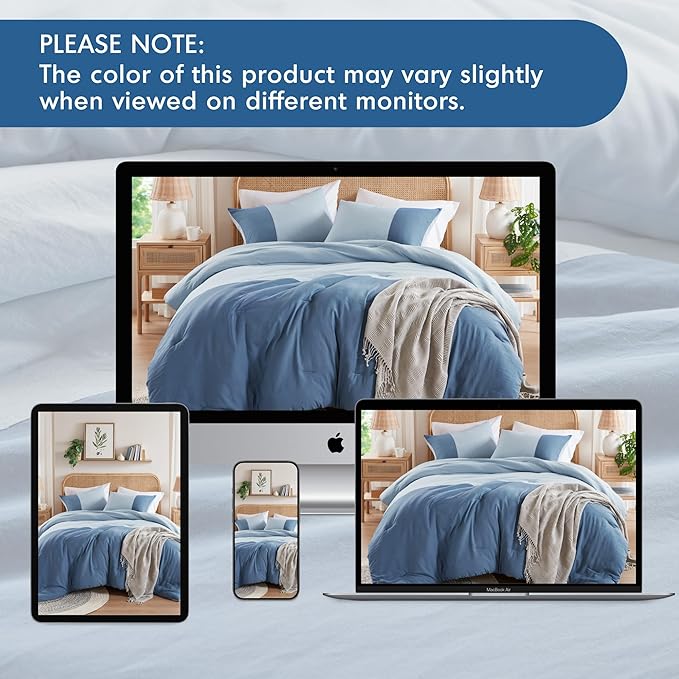 Blue Full/Queen Comforter Set - Modern Soft Farmhouse Comforter Sets for Men, Masculine Colorblock Pattern Bedding Set for All Season, 3 Pieces includes 1 Comforter, 2 Shams (90"x 90")