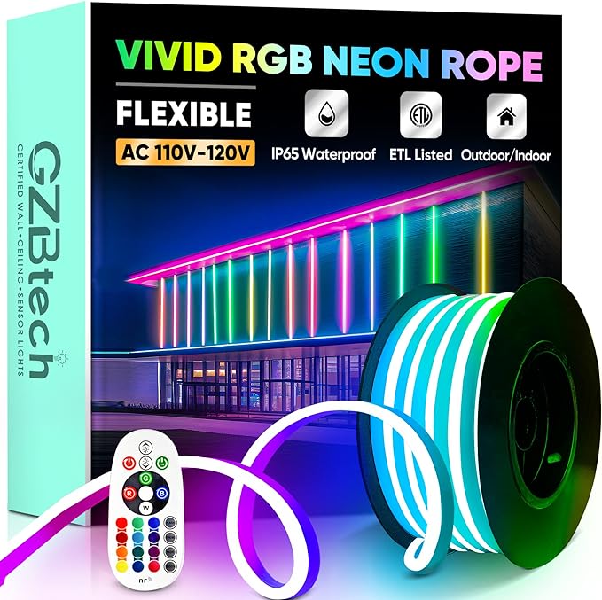 GZBtech RGB LED Neon Rope Lights 16.4FT/5M, AC 110-120V Waterproof Color Changing LED Rope with Remote Controller, Dimmable Multi Color Neon Rope Lighting for Indoor Outdoor Commercial Use