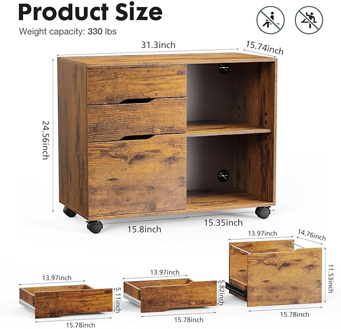 3 Drawer File Cabinet Lateral Printer Stand with Adjustable Storage Shelves for Home Office Small Space, Rustic Brown