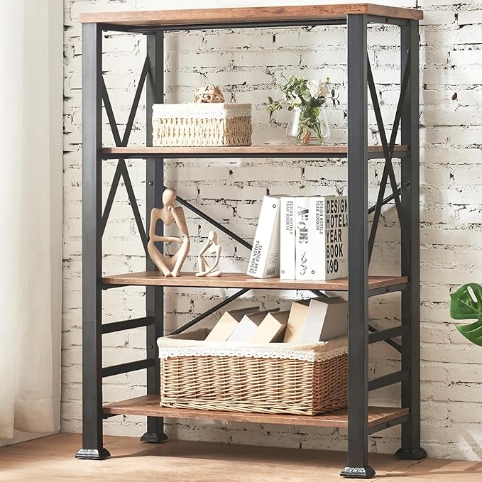 HOMBAZAAR Bookshelf, 4-Tier Industrial Bookshelf, Etagere Bookcases and Bookshelves, Tall Bookshelf Storage Organizer, Freestanding Bookshelf for Living Room, Bedroom and Home Office, Brown