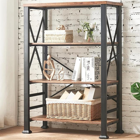 HOMBAZAAR Bookshelf, 4-Tier Industrial Bookshelf, Etagere Bookcases and Bookshelves, Tall Bookshelf Storage Organizer, Freestanding Bookshelf for Living Room, Bedroom and Home Office, Brown