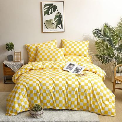 Yellow White Grid Comforter Set Twin Yellow Plaid Bedding Set Girls Yellow and White Checkered Bed Comforter Set Breathable Blanket Set Kids Durable Bedding Comforter Set