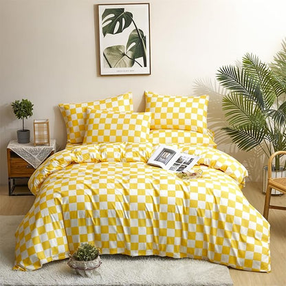 Yellow White Grid Comforter Set Queen Yellow Plaid Bedding Set Women Yellow and White Checkered Bed Comforter Set Breathable Blanket Set Men Durable Bedding Comforter Set