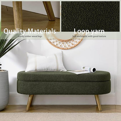 Oval Storage Bench 43.5" Linen Fabric Upholstered Entryway Bench with Solid Wood Legs Ottoman Bench Indoor Bench for Living Room/Bedroom/End of Bed/Entryway (Dark Green)