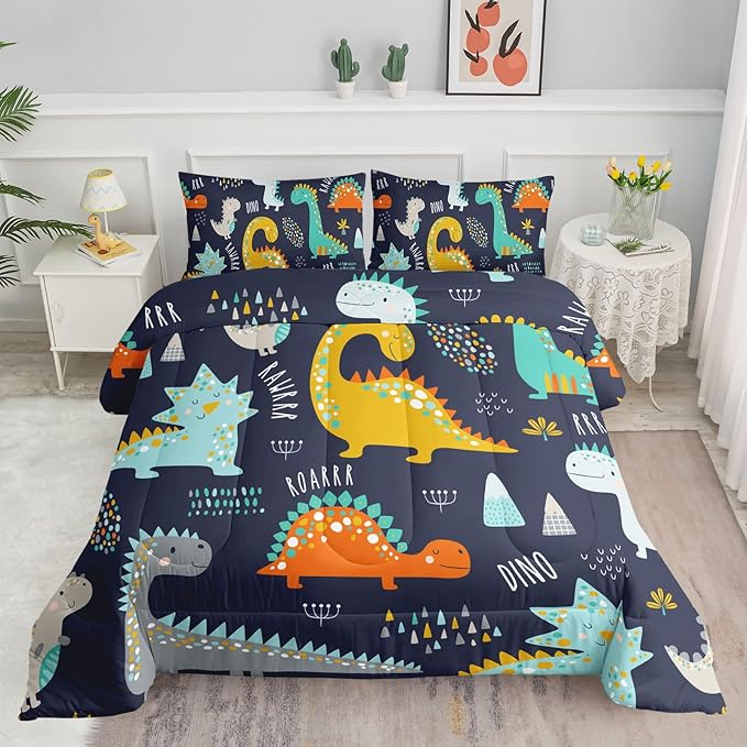 Datura home Bedding Comforter Set Kawaii Cartoon Dinosaur Printed Pattern Bedding Set with 1 Comforter and 2 Pillowcases for Boys Bedroom All Season(Cute Dinosaur Twin), Twin 68x86inches
