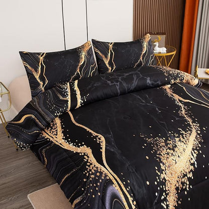 Tailor Shop Marble Bedding Set Soft Microfiber Black and Gold Comforter Set King Size for Kids Men and Women with 1 Marble Comforter and 2 Pillowcases……