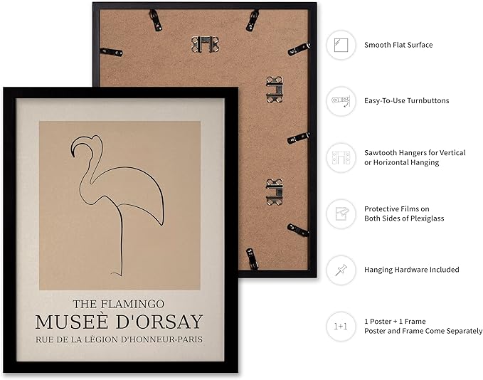 Poster Master Vintage Poster - Retro Minimalist Print - Gift for Artist, Housewarming - Flamingo, Line Drawing, Sketch, Abstract - Wall Decor for Living Room, Bedroom, 8x10 Black Framed