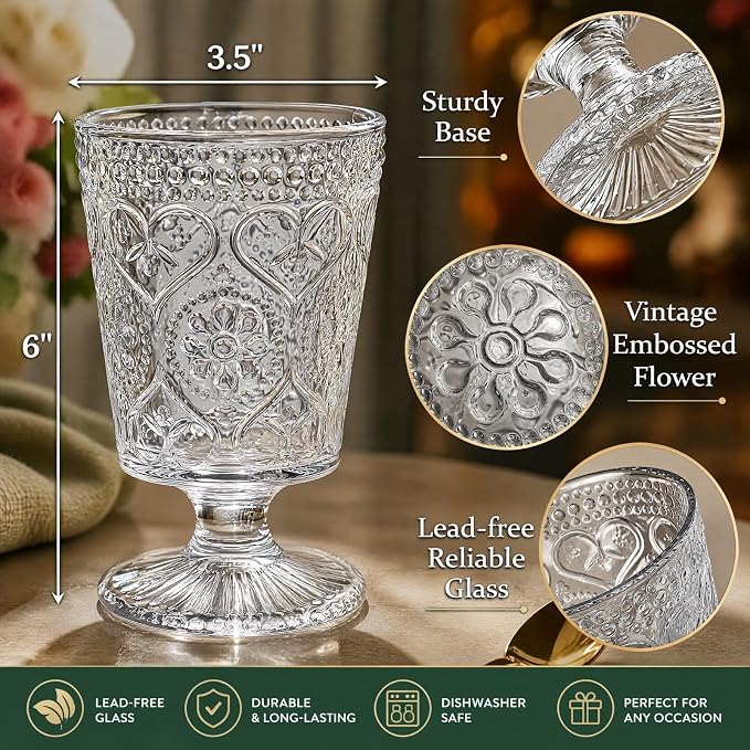 ZAVOOS Set of 6 Clear Glass Goblet, 12 Oz Vintage Romantic Wine Glasses | Embossed Floral Glass Cups Set, Bar Tumbler Drinking Glassware for Iced Tea, Wine, Beer, Juice, Cocktail, Whiskey