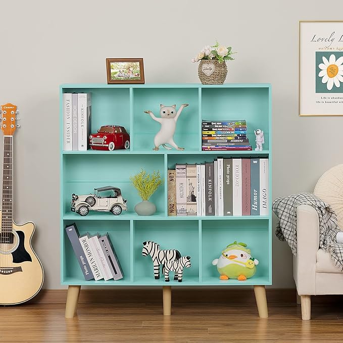 LEYAOYAO 8 Cube Bookshelf 3-Tier Bookcase with Legs, Mint-Green Kids Book Shelf Cute Storage Organizer, Large Open Toy Shelves Modern Bookshelves,Display Bookcases for Bedroom,Living Room,Nursery