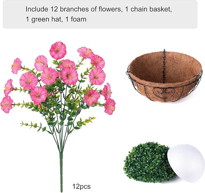 Artificial Faux Hanging Plants Flowers Basket for Outdoors Outside Spring Summer Decoration, Silk Pink Morning Glory in Planter UV Resistant Look Real Fake Flowers for Porch Patio Balcony Home Yard