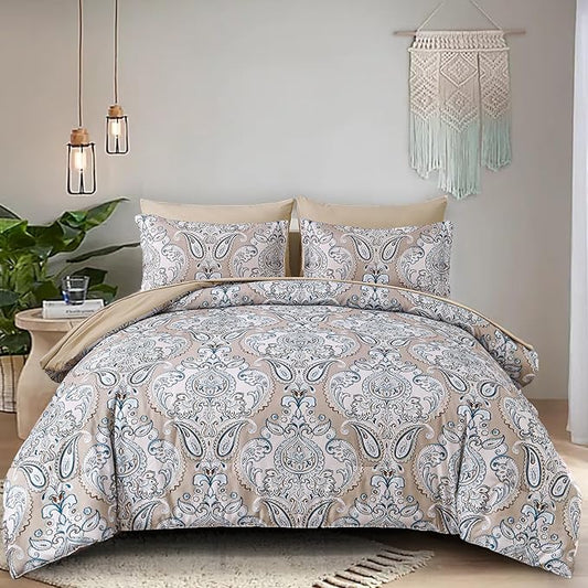 Yiran 7 Pieces Paisley Bedding Set Comforter Set Brown Boho Floral Bed in a Bag Microfiber Comforter Queen Size 90"×90"(1 Comforter,2 Pillowcases,2 Pillow Shams,1 Flat Sheet,1 Fitted Sheet)