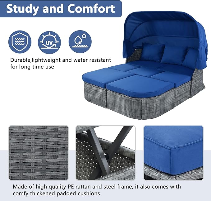 Rectangle Furniture Daybed Sunbed with Retractable Canopy, Outdoor Wicker Conversation Set with Cushions for Patio, Backyard, Porch, Garden, Bc-Blue + Rattan