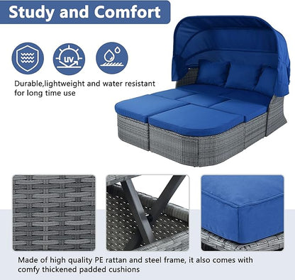 Rectangle Furniture Daybed Sunbed with Retractable Canopy, Outdoor Wicker Conversation Set with Cushions for Patio, Backyard, Porch, Garden, Onesize, Bb-Blue
