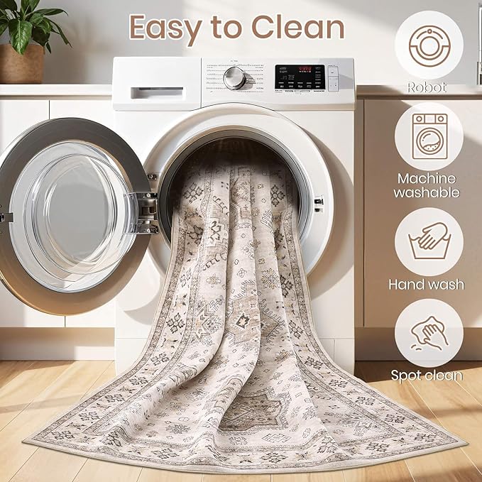 Washable Area Rugs for Living Room - 5x7 Neutral Vintage Distressed Floral Farmhouse Boho Large Soft Floor Rug Indoor Non Slip Carpet for Living Room Bedroom Dining Room Office - Beige Brown