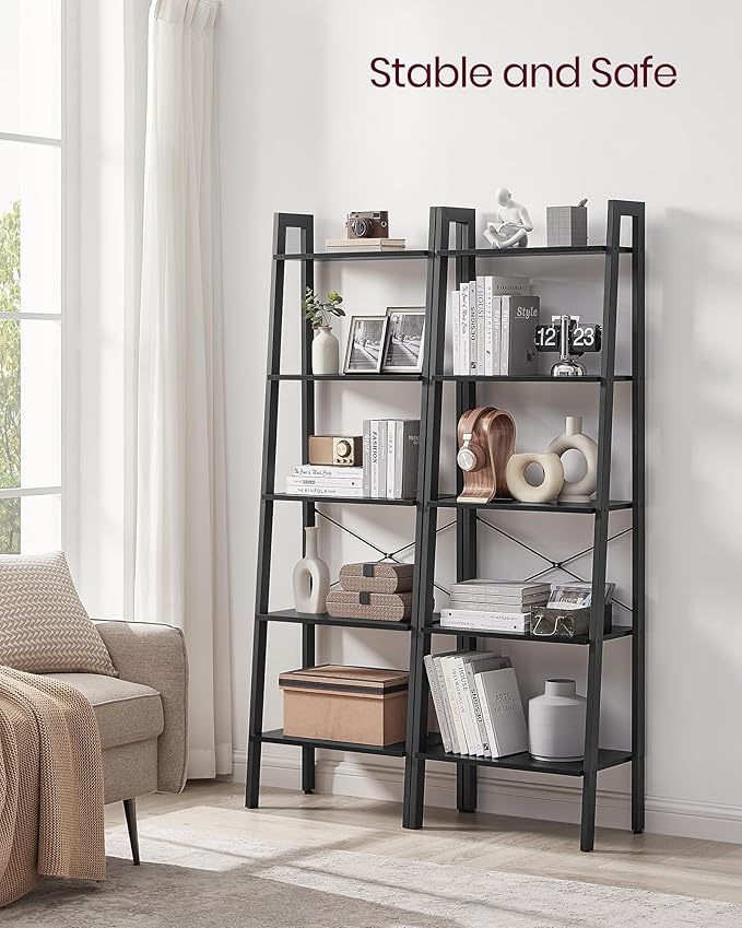 VASAGLE Ladder Shelf, 5-Tier Bookshelf, Storage Rack, Bookcase with Steel Frame, for Living Room Home Office, Kitchen, Bedroom, Industrial Style, Ebony Black + Black