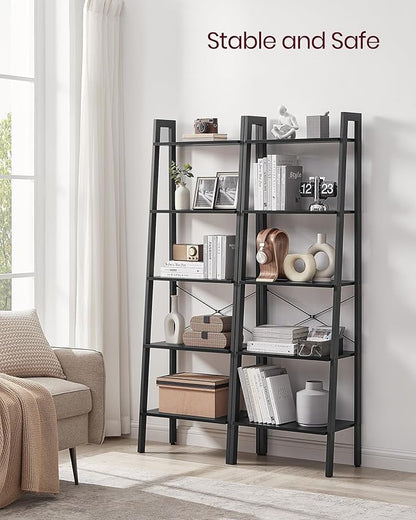 VASAGLE Ladder Shelf, 5-Tier Bookshelf, Storage Rack, Bookcase with Steel Frame, for Living Room Home Office, Kitchen, Bedroom, Industrial Style, Ebony Black + Black