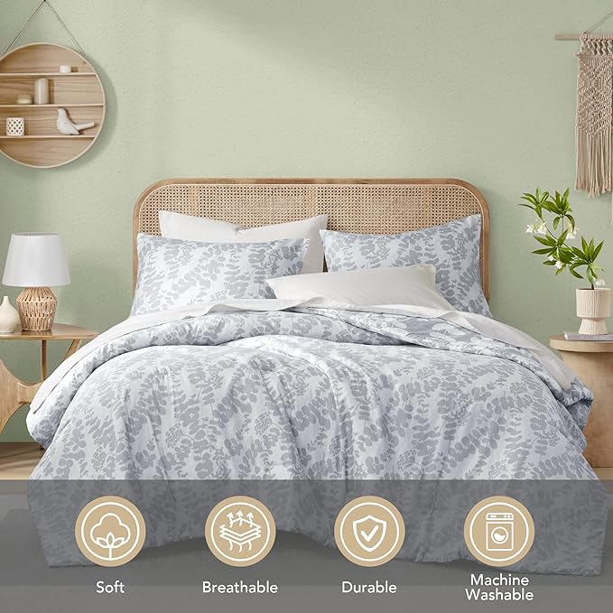 Codi Gray Floral Comforter Set King Size, Botanical Bedding Sets | Nature Style, Unique Reversible Design, Better for Spring and Summer | Leaf Print 3 Pieces