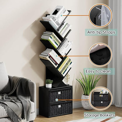 Vagusicc 6 Tier Tree Bookshelf, Modern Floor Standing Bookcase with Storage Drawer, Space Saving Storage Organizer Book Shelves for Books, Tall Wood Storage Rack for Bedroom/Living Room/Home Office
