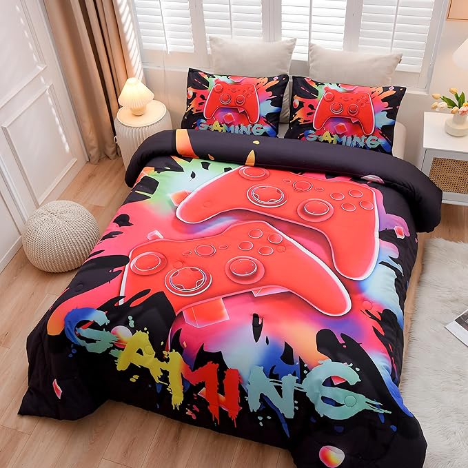 Aimuan Gaming Comforter Sets for Boys Kids Bedding Sets Video Games Console Action Buttons Novelty Colorful Game Gamepad Controller Modern Gamer Room Decor Home Quilt Set (Twin, Black)