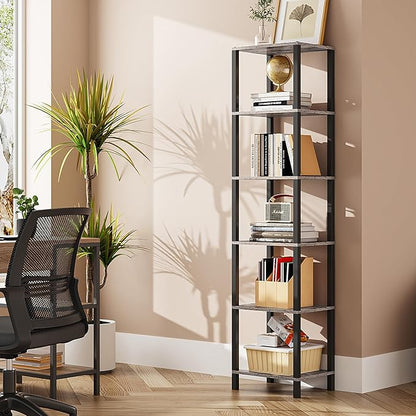 TUTOTAK Bookshelf, 6-Tier Tall Book Shelf, Narrow Bookcase for Small Space, DIY Stackable Bookshelf, for Living Room, Office, Study, Entryway, Industrial, Greige and Black BS01BG006