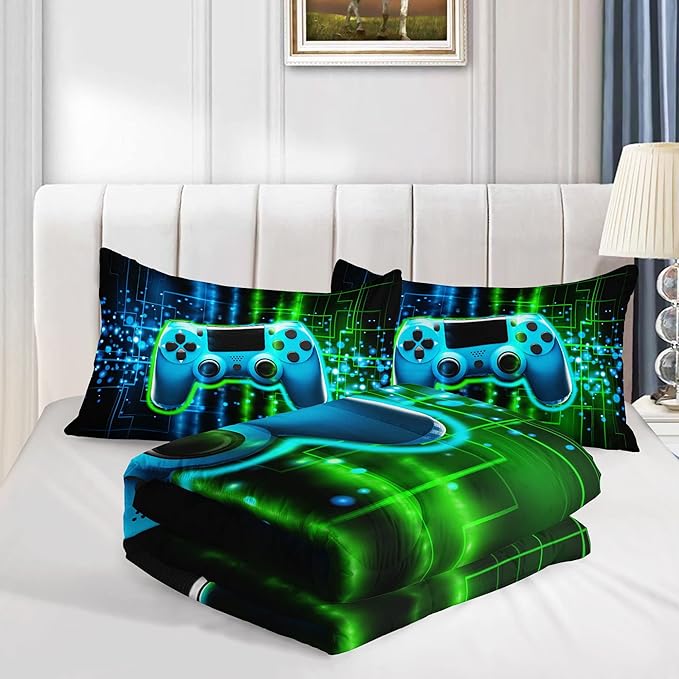 Datura home Video Gamer Comforter Set for Kids Teens Adults,Green Black Gamepad Modern Gamer Gaming Printed Bedding Set with 1 Comforter and 2 Pillowcases(Gamepad Green Queen)