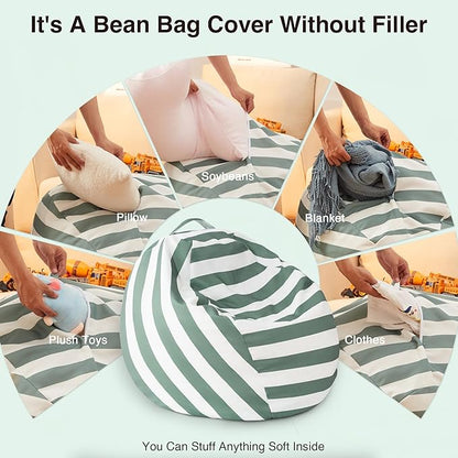 EXQ Home Kids Bean Bag Chairs Cover -Stuffed Animal Bean Bag Storage Green and White Stripes-Zipper Bean Bag for Organizing Children Plush Toys Holiday Gift for Girl,Boys