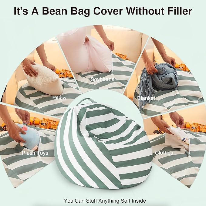 EXQ Home Kids Bean Bag Chairs Cover -Stuffed Animal Bean Bag Storage Green and White Stripes-Zipper Bean Bag for Organizing Children Plush Toys Holiday Gift for Girl,Boys (XL)