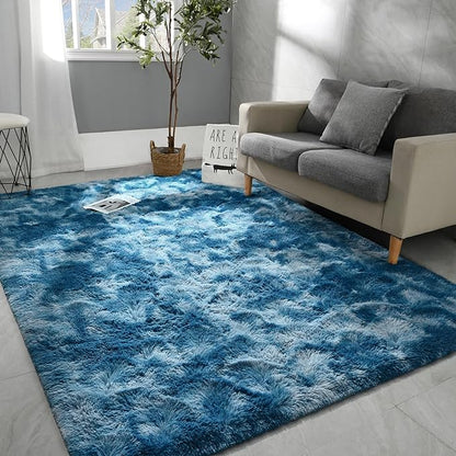 5x8 Large Area Rugs for Living Room, Super Soft Fluffy Modern Bedroom Rug, Tie-Dyed Dark Blue Indoor Shag Fuzzy Carpets for Girls Kids Nursery Room Home Decor