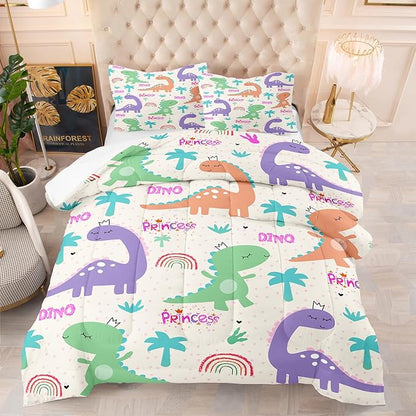 NINENINE Dinosaur Bedding Sets for Kids,Twin Comforter Sets for Girls,Girls Dinosaur Comforter Bedding Sets,Kawaii Cartoon Comforter Sets with 1 Comforter 1Pillowcase