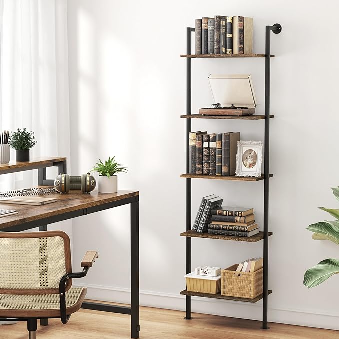 5-Tier Bookshelf Solid Wood Ladder Shelf, Narrow Book shelf Display Shelf, Wooden Ladder Shelf Bookcase, Wall Mount Ladder Shelf, Storage Rack for Living Room, Bedroom, Industrial Style, Dark Brown