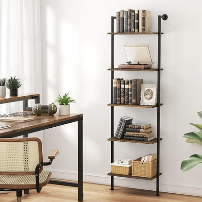 5-Tier Bookshelf Solid Wood Ladder Shelf, Narrow Book shelf Display Shelf, Wooden Ladder Shelf Bookcase, Wall Mount Ladder Shelf, Storage Rack for Living Room, Bedroom, Industrial Style, Dark Brown