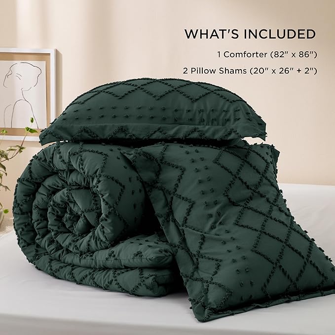 Bedsure Full Size Comforter Set - Dark Emerald Green Comforter, Forest Green Boho Tufted Shabby Chic Bedding Comforter Set, 3 Pieces Vintage Farmhouse Bed Set with 2 Pillow Shams for All Seasons