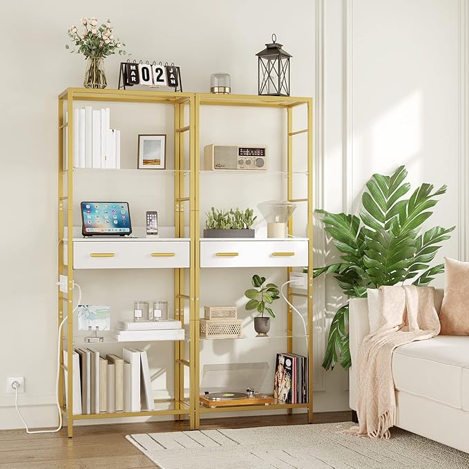 HOOBRO 5 Tier Bookcase, White and Gold Bookshelf with Drawer, Storage Shelves with Charging Station, Tempered Glass Bookshelf with Metal Frame, Open Display Shelves for Living Room, Gold DW65USJ01