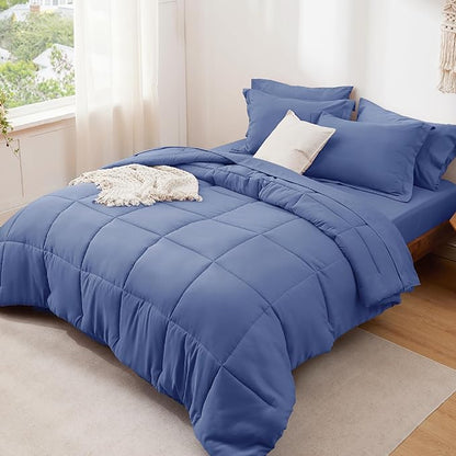 Bedsure Infinity Blue King Size Comforter Set - 7 Pieces Solid King Bed in a Bag, King Bed Set Infinity Blue with Comforters, Sheets, Pillowcases & Shams
