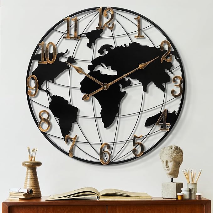 Extra Large World Map Wall Clock - 40 Inch Minimalist Modern Round Metal Silent Non-Ticking Battery Operated for Living Room Office Farmhouse Home Decor