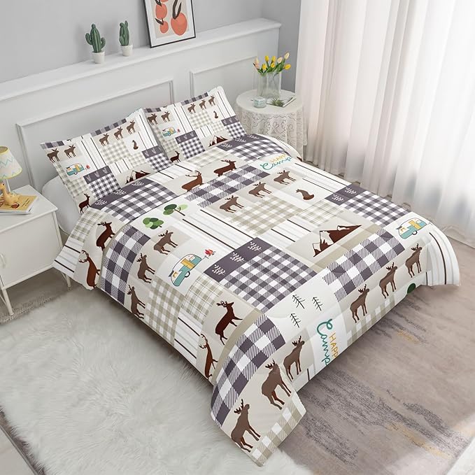 Datura home Happy Camper Comforter Set Rustic Lodge and Camper Deer Printed Quilt Bedding Set with 1 Comforter and 2 Pillowcases for Boys and Girls Bedroom All Season(Camper Queen)