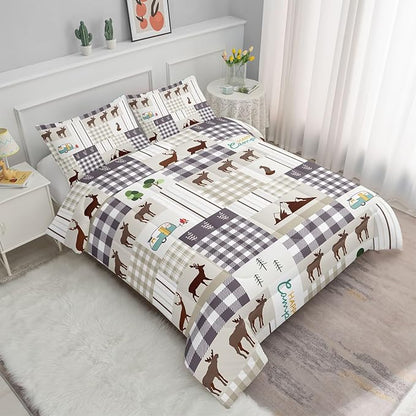 Datura home Happy Camper Comforter Set Rustic Lodge and Camper Deer Printed Quilt Bedding Set with 1 Comforter and 2 Pillowcases for Boys and Girls Bedroom All Season(Camper Twin)