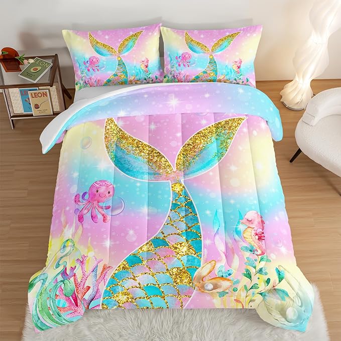 HOSIMA Mermaid Comforter with 2 Pillowcases,Girly Rainbow Bedding Set Mermaid Tail Comforter,Glitter Gold Fish Scales Full Size Bed in a Bag Set,Cute Sea Animal Octopus Seahorse Comforter.