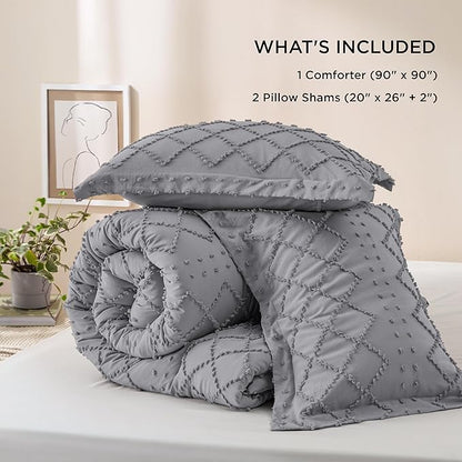 Bedsure Queen Comforter Set - Grey Comforter, Boho Tufted Shabby Chic Bedding Comforter Set, 3 Pieces Vintage Farmhouse Bed Set for All Seasons, Fluffy Soft Bedding Set with 2 Pillow Shams