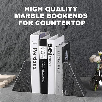 Marble Bookends for Heavy Books, Decorative Book Ends for Shelves, Titanium Black Stone Durable and Heavy-Duty Book Ends for Hardback Books & CDS, Unique Book Stopper & Holder, Set of 2