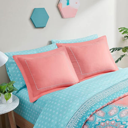 Degrees of Comfort Twin Bed in A Bag 6 Piece, Boho Mandala Bedding Sets for Girls, Coral Tween Bed Set, Microfiber Comforter Set with Sheet, Matching Decorative Pillow