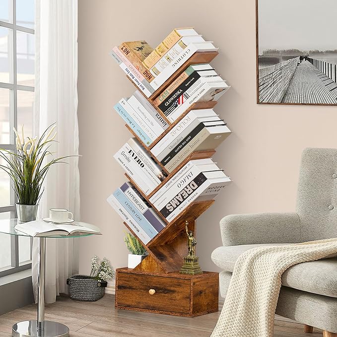 8 Tier Tree Bookshelf with Drawer, Free Standing Wood Bookcase for Narrow Space, Storage Organizer Bookshelves for Books, Book Case for Home Office, Living Room, Bedroom, Rustic Brown