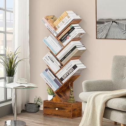8 Tier Tree Bookshelf with Drawer, Free Standing Wood Bookcase for Narrow Space, Storage Organizer Bookshelves for Books, Book Case for Home Office, Living Room, Bedroom, Rustic Brown