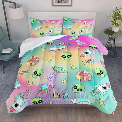 Datura home Space Alien Children Bedding Comforter Set for Girls Kids,Colorful Cartoon Outer Space Planet UFO Lovely Alien Theme Bedding Set with 1 Comforter and 2 Pillowcases(Alien3 Twin)